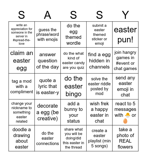 sassy society easter bingo Card