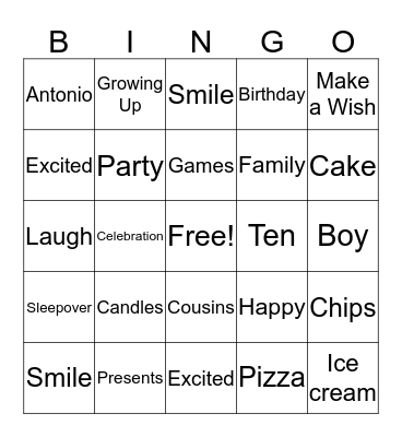 AJ Celebration Bingo Card