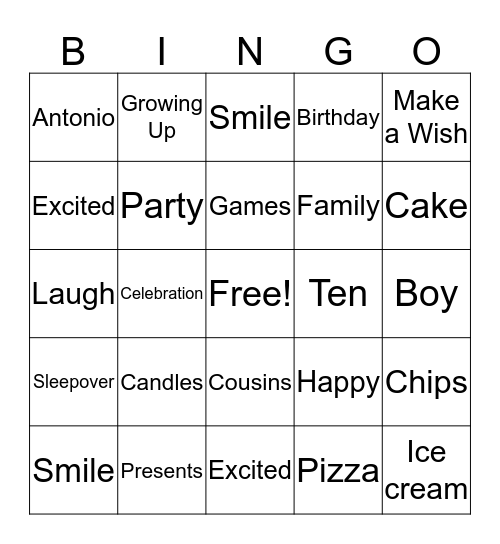 AJ Celebration Bingo Card