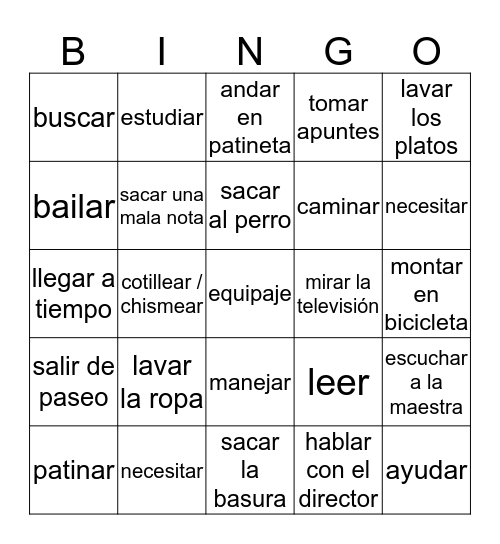 Unit 3 Vocabulary - Activities Bingo Card