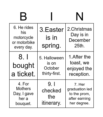 Course Vocabulary Bingo Card