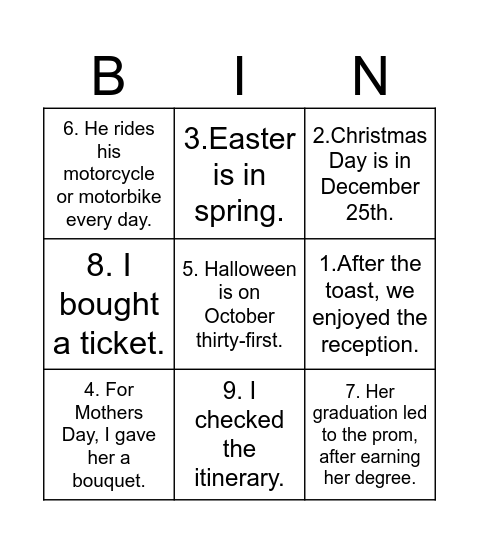 Course Vocabulary Bingo Card