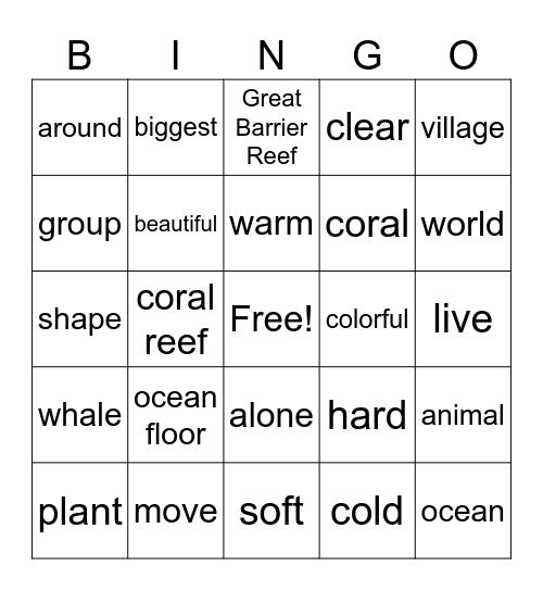 Unit 11 : Colourful Corals Bingo Card