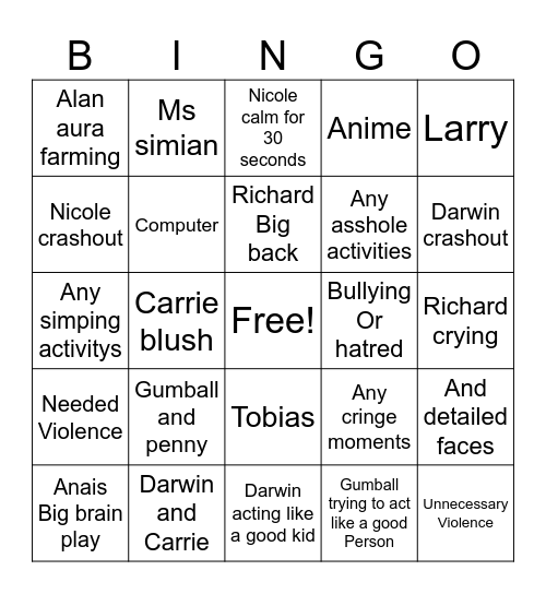 Gumball Bingo Card