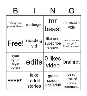 Youtube shorts bingo! Bingo Card