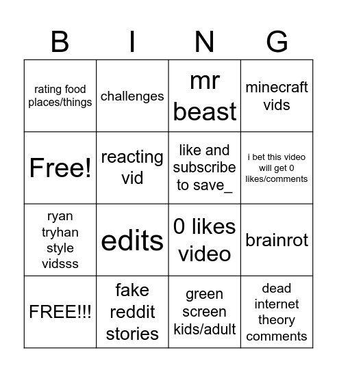Youtube shorts bingo! Bingo Card