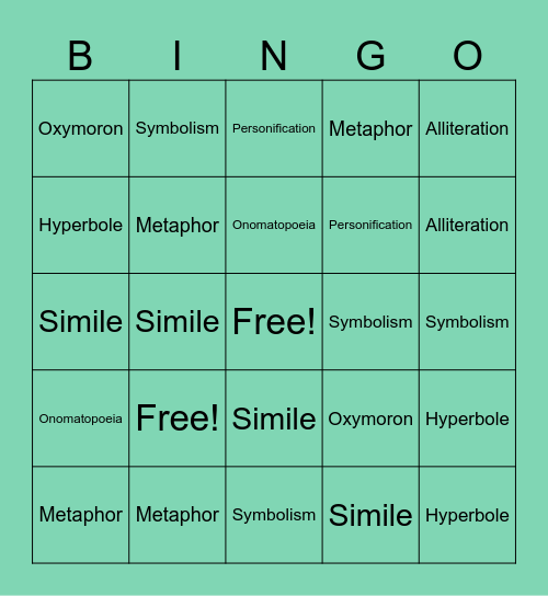 Y7 ELL - Poetic Devices Bingo Card