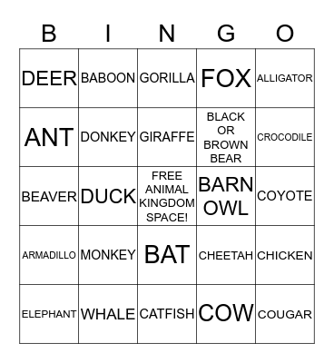 Animal Cracker Bingo Card