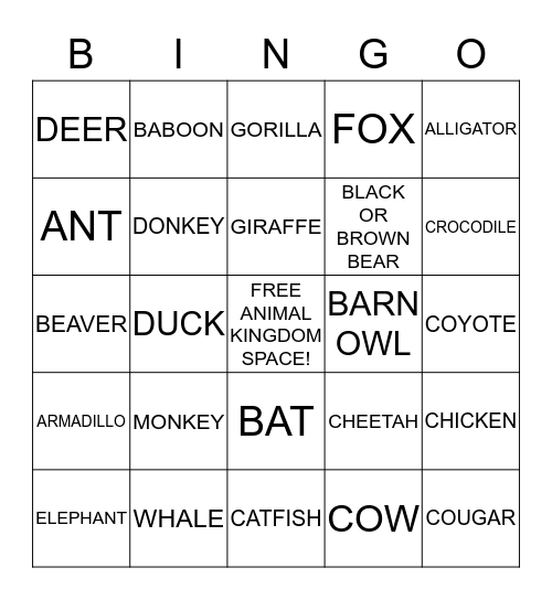 Animal Cracker Bingo Card