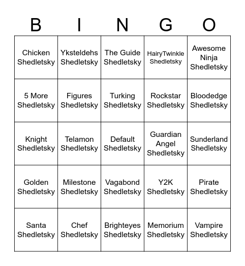 Shedletsky Bingo Card
