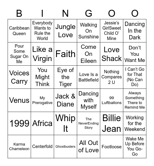 1980's Music Bingo Card