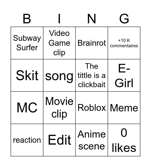 YT short bingo Card