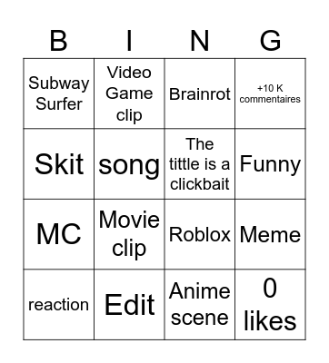 YT short bingo Card