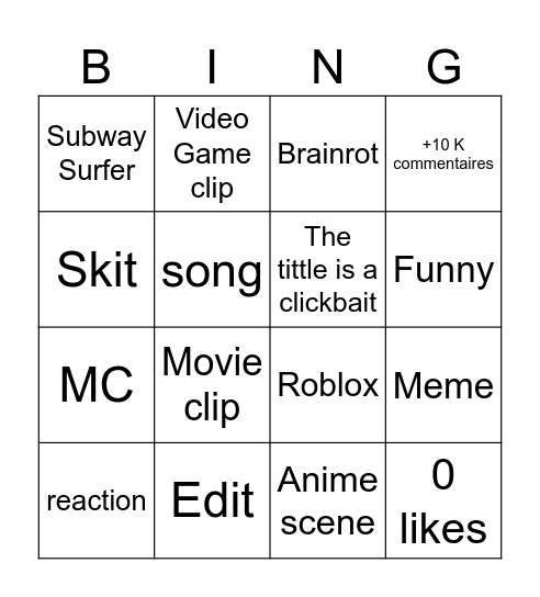 YT short bingo Card
