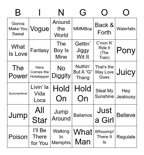 1990's Music Bingo Card