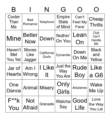 2010's Music Bingo Card