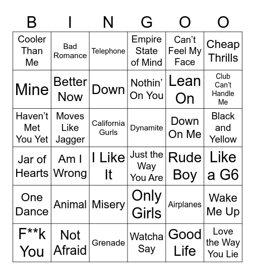 2010's Music Bingo Card