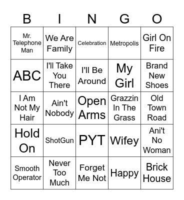 Song Bingo #1 Bingo Card