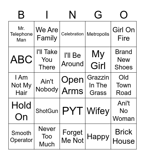 Song Bingo #1 Bingo Card