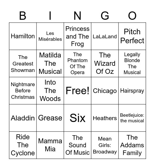 musicals Bingo Card