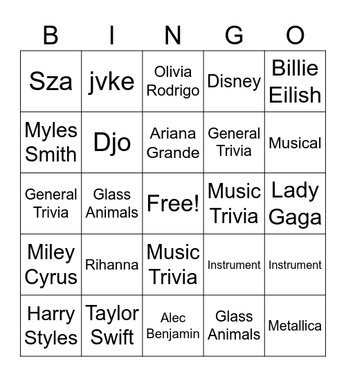 Music Bingo Card
