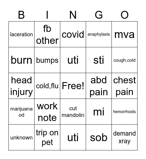 urgent care bingo Card