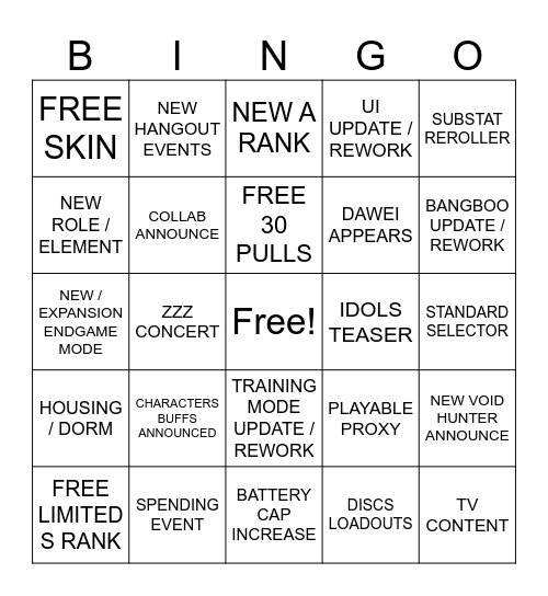 ZZZ 2.0 ANNIVERSARY Bingo Card