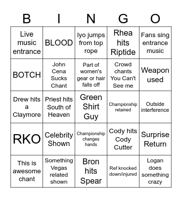 Wrestlemania Night 2 Bingo Card