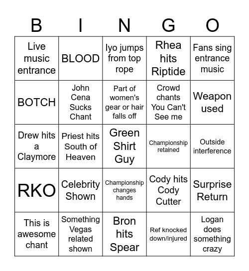 Wrestlemania Night 2 Bingo Card