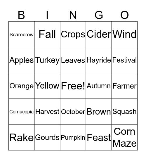 Harvest Party Bingo Card