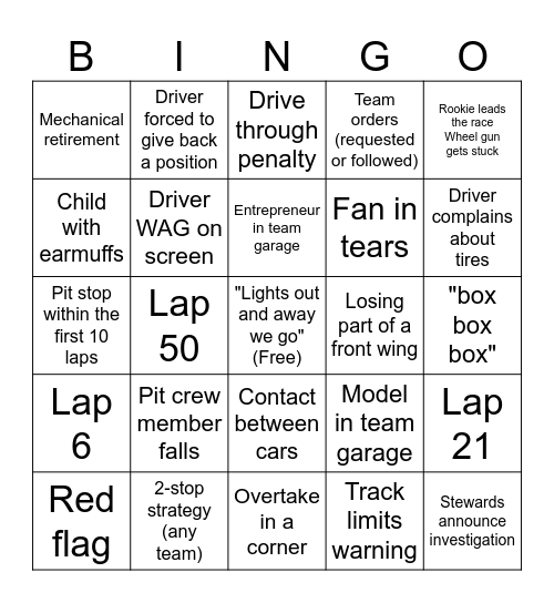 Formula 1 Bingo Card