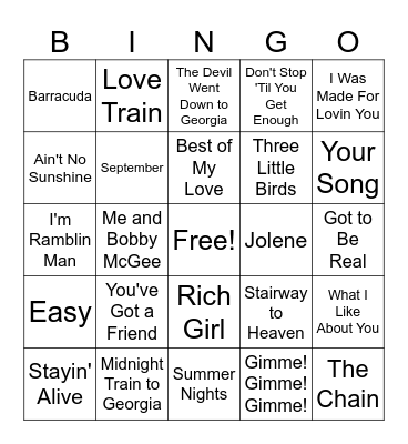 70’s Bingo Card