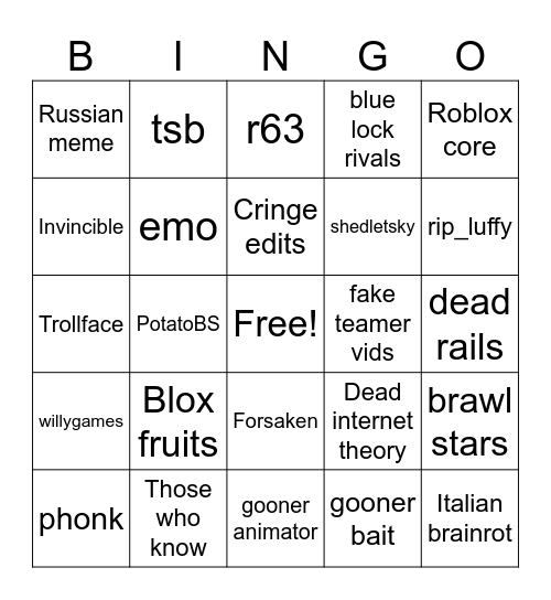 Cringe stuff Bingo Card