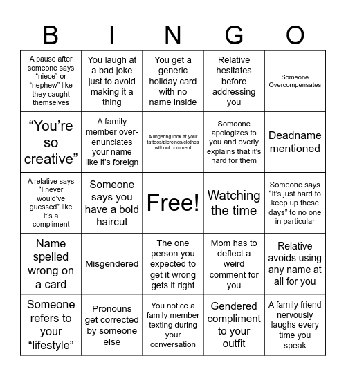 Nonbinary at a Family Party Bingo Card