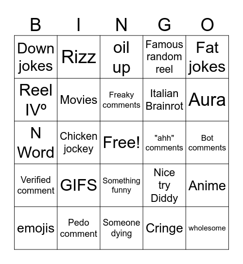 Instagram reels bingo Card