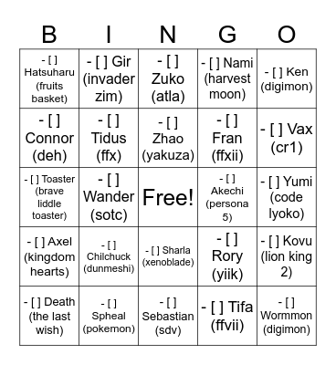 Lio’s Favorite Blorbos Bingo Card