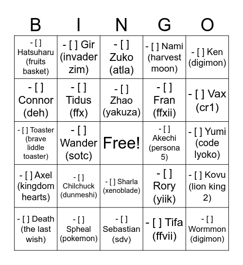 Lio’s Favorite Blorbos Bingo Card