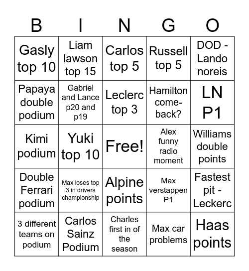 JEDDAH GP BINGO! Bingo Card