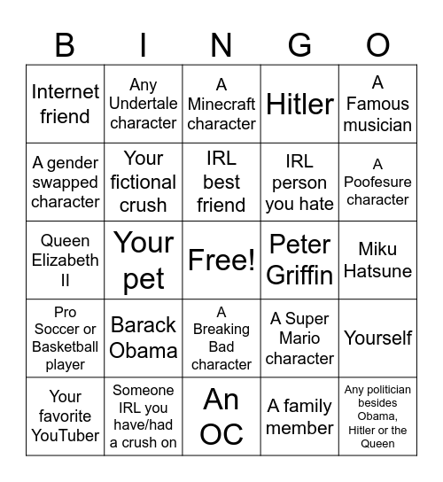 Tomodachi Life islander Bingo Card