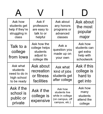 Twins Game College Bingo Card
