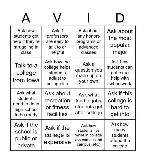 Twins Game College Bingo Card