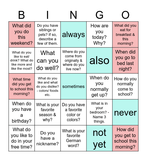 Ver.1 Fragen und Antworten:Ask & record answers in German! Bingo Card