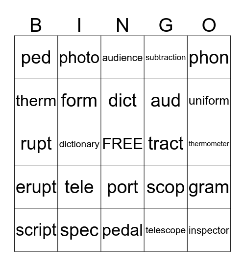 Root Word Bingo Card