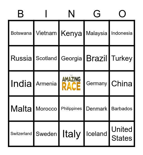 AMAZING RACE COUNTRIES Bingo Card