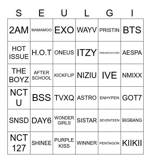 K-POP GROUP BINGO Card