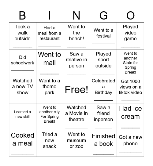 Return from Spring Break Bingo Card