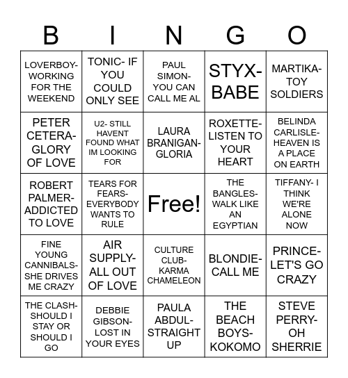 Random songs of mostly 80s Bingo Card