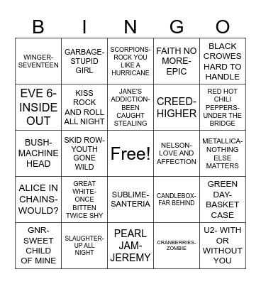 Random Hits from 80s and 90s Bingo Card