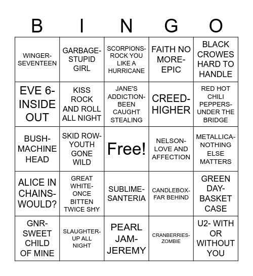 Random Hits from 80s and 90s Bingo Card