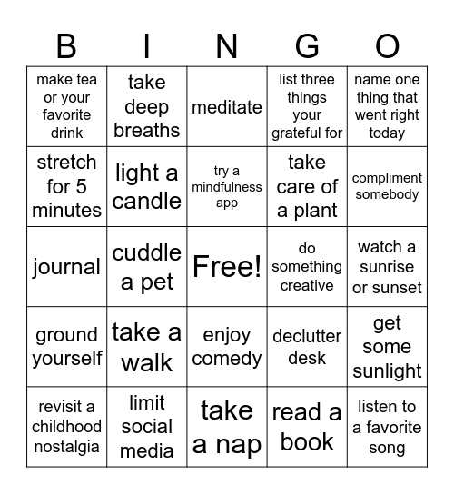 Mental Health Bingo Card